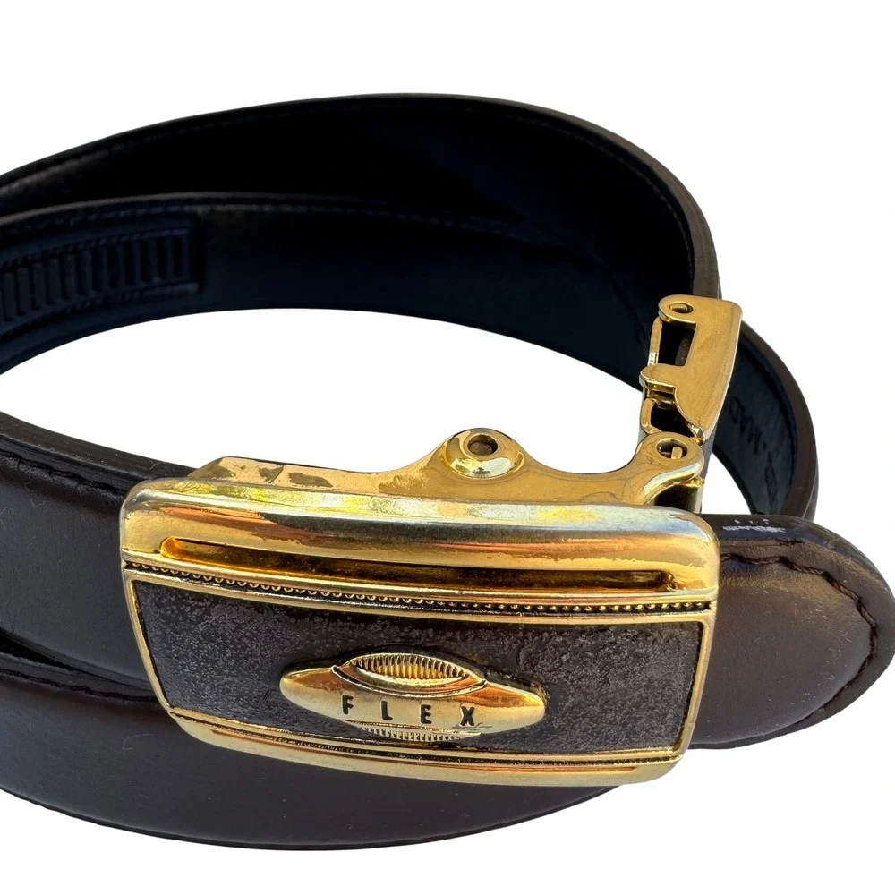 Flex Mens Vintage Ratchet Belt Dark Brown‎ Genuine Leather Gold Buckle Made USA